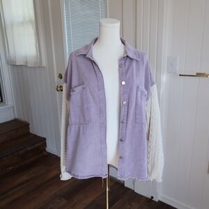 Womens Mixed Media Shacket Size M Purple Knit Cottagecore Boho Shabby Grannycore